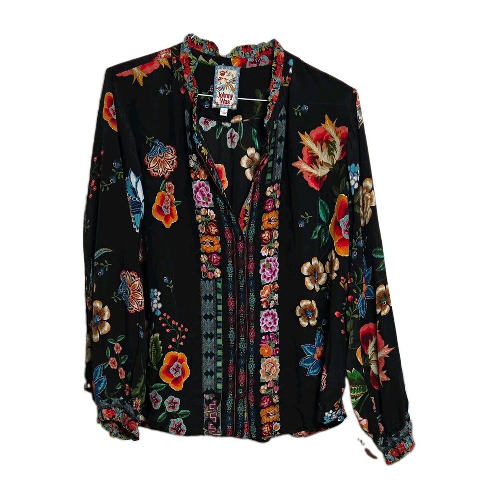 Johnny Was Pamela Floral 100% Silk Blouse Womens L Black Long Sleeves Boho-chic